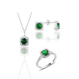 Söğütlü Silver Gümüş rodyumlu kök zümrüt taşlı kare üçlü set 19