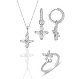 Söğütlü Silver Gümüş rodyumlu zirkon taşlı dört yapraklı yonca kolye küpe ve yüzük seti [barcode]