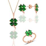 Söğütlü Silver Gümüş rose kök zümrüt taşlı yonca kolye küpe ve yüzük üçlü set