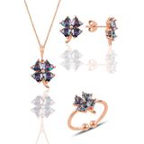Söğütlü Silver Gümüş rose mistik taşlı yonca kolye küpe ve yüzük üçlü set