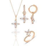 Söğütlü Silver Gümüş rose zirkon taşlı dört yapraklı yonca kolye küpe ve yüzük seti [barcode]