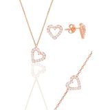 Söğütlü Silver Gümüş rose zirkon taşlı kalp kolye,bileklik ve küpe üçlü set [barcode]