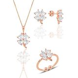 Söğütlü Silver Gümüş rose zirkon taşlı yonca kolye küpe ve yüzük üçlü set