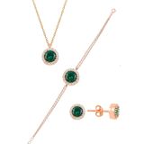 Söğütlü Silver Gümüş Rose Zirkon Ve Kök Zümrüt Taşlı Pırlanta Modeli Üçlü Set