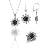 Söğütlü Silver Gümüş safir taşlı nilüfer modeli telkari işlemeli kolye küpe ve yüzük üçlü set [barcode]