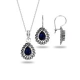 Söğütlü Silver Gümüş safir taşlı oksitli telkari işlemeli damla kolye ve küpe ikili set SGTL12734LACIVERT