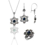 Söğütlü Silver Gümüş safir taşlı papatya modeli telkari işlemeli kolye küpe ve yüzük üçlü set [barcode]