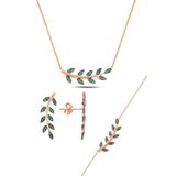 Söğütlü Silver SGTL10753 Rose Yeşil Taşlı Yaprak Kolye Ve Küpe Gümüş Set