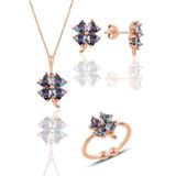Söğütlü Silver SGTL11664 Gümüş Rose Mistik Taşlı Yonca Kolye Küpe Ve Yüzük Üçlü Set