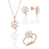 Söğütlü Silver SGTL11664 Gümüş Rose Zirkon Taşlı Yonca Kolye Küpe Ve Yüzük Üçlü Set