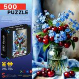 Soi Craft 500 Parça Puzzle Kiraz ve Mavi Çiçekler Natürmort #261 | 2 cm Parça Ölçüsü, Sanat Temalı Tasarım, Aile Aktivitesi, Yüksek Kalite Baskı, Koleksiyon Serisi