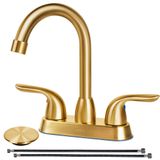 SOKA 2 Kulplu Banyo Bataryası Altın, 10 cm Altın Banyo Lavabo Bataryası Kaldırma Çubuğu Tahliye Durdurucu ve Besleme Hortumları ile, RV Banyo Bataryası 3 Delikli, Fırçalanmış Altın Banyo Bataryası