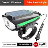 Solar 6163 Şarjlı 250 Lümen 140 Db Yüksek Sesli Bisiklet Ön Farı Ve Korna Yeşil Güneş Enerjili Far
