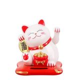 Solar Enerjili Maneki Neko Şanslı Kedi Figürü, 7x6.5x7.5 cm, Beyaz ve Kırmızı, El Sallayan Dekoratif Japon Kedi