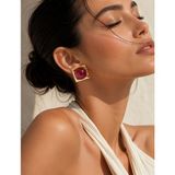Solare Accessories Bordo Taş Detaylı Altın Kaplama Kare Form Vintage Küpe (Hipoalerjik) - Bordo - Altın