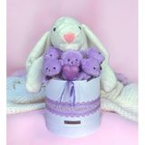 SOLE Premium Özel Hediye Kutusunda 45 cm Beyaz Bunny Tavşan ve 5 Adet Kırmızı Peluş Ayıcık Buketi Lila