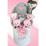 SOLE Premium Özel Kutusunda; 45 cm Gri Bunny Tavşan, Simli Kalp 4 Pembe Ayıcık ve Kalp Balonlu Buket