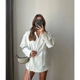 Solena Kadın Oversize Bağlamalı Çizgili Beyaz Ceket - Bari Kalıp