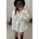 Solena Kadın Yeni Sezon Kuşaklı Bağlama Detay Oversize Ceket - Beyaz - --