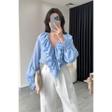 solena sln Kadın Mavi Fırfırlı Tasarım Gömlek
