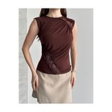 solena sln Kadın Slim Fit Dar Kesim Bisiklet Yaka Dantel Detaylı Kolsuz Bluz - Kahverengi