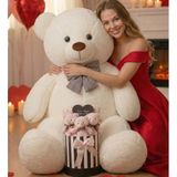 Soleshopping 90 cm Peluş Ayı & 6 Adet Pembe Peluş Ayıcık Buketi, Aynalı Mesajlı Silindir Kutu, Beyaz, Sevgiliye Hediye Seti