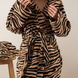 Soley Tiger %100 Pamuk Kadife Unisex Bornoz L Beden Yumuşak Dokulu Özgün Desen - Krem