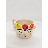 Soli Seramik El Yapımı Seramik Kupa, Frida Kahlo Tasarımlı Kupa, Hediyelik Seramik Kupa - Beyaz - Pembe - Kırmızı