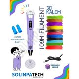 Solinpatech 3D Kalem 3D Pen USB Kablolu Üç Boyutlu Yazıcı Kalem Printer-MOR (Çok Renkli Filament - 109METRE)
