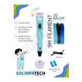 SolinpaTech Mavi 3d Kalem 3d Pen 3 Boyutlu Yazıcı Kalem 3 Renk 9 Metre Filament Usb Kablo