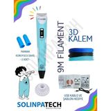 Solinpatech Mavi 3D Pen Üç Boyutlu Yazıcı Kalem Printer (3 Adet 3 Metre Filament -9 Metre- ve USB Kablo Dahil)