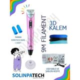 Solinpatech Pembe 3D Pen Üç Boyutlu Yazıcı Kalem Printer (3 Adet 3 Metre Filament -9 Metre- ve USB Kablo Dahil)