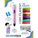 Solinpatech Pembe 3D Pen Üç Boyutlu Yazıcı Kalem Printer (Çok Renkli Filament -109METRE ve USB Kablo Dahil)