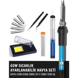 Solinpatech ST-60 60W Sıcaklık Ayarlanabilir Havya,Havya Standı,Lehim Pompası,Lehim Tüpü,Cımbız Set,Yedek Uç - Mavi