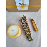 Solman Sandal Ağacı & Ylang Ylang Kokulu Soya Mum Palo Santo Ağaç Tütsü Adaçayı Lavanta Üzerlik Tütsüsü Set - Hardal