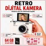 Solvis 4K Dijital Retro Fotoğraf Makinesi 48MP 18X Zoom 180° Dönen Ekran Flaşlı 64GB Sd Kart Hediyeli Selfie Vlog Kamera - Beyaz