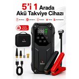 solvis 5’li Güç: Şarjlı Akü Takviye Cihazı, Lastik Şişirme Kompresörü, Powerbank, LED Fener ve Çanta Hediyeli