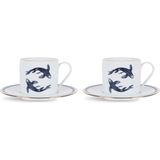 Some Home İstanbul Legend Koi Collection Lacivert Desenli Beyaz Porselen 2'li Çay Fincanı ve Tabağı Seti