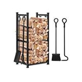 SOMINECO Metal Odunluk Raflı Şömine -soba Maşa Takımı Aksesuar Seti Siyah