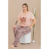 Somon Renk ve Desenli 110 Kısa Kollu Kadın Büyük Beden Anne Pijama Takımı - 4XL