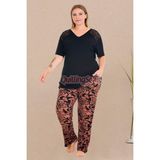 Somon Renk ve Desenli 110 Kısa Kollu Kadın Büyük Beden Anne Pijama Takımı - Siyah - Kızıl - 3XL