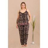 Somon Renk ve Desenli 110 Kısa Kollu Kadın Büyük Beden Anne Pijama Takımı - Siyah - Leopar - 3XL
