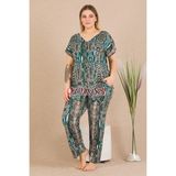 Somon Renk ve Desenli 110 Kısa Kollu Kadın Büyük Beden Anne Pijama Takımı - Yeşil - Siyah - 2XL