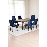 Sonata Ceviz 80 x 132 Açılabilen MDF Masa Siyah Metal Ayaklı Mutfak Masası 6 Lacivert Sandalyeli