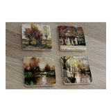 Sonbahar Ağaçlı Manzaralar Doğal Taş Bardak Altlığı 4'lü set - Natural Stone Coasters