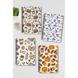 Sonbahar Kitap Kahve ve Çiçek Temalı Tasarım Tel Spiralli A5 Çizgisiz 4'lü Hatıra, Okul Defter Seti, QBA5D1224