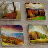 Sonbahar Manzaraları Doğal Taş Bardak Altlığı 4'lü set - Natural Stone Coasters