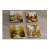 Sonbahar Manzarası Doğal Taş Bardak Altlığı 4'lü set - Natural Stone Coasters