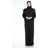 Sonbahar Moda Pamuklu Başörtülü Namaz Elbisesi Dantelli Tek Parça - Siyah - Standart