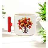 Sonbahar Yaprağı Tasarımlı Kırmızı T Kulplu Seramik Baskılı Kupa Bardak 250 ml - 010 - Beyaz